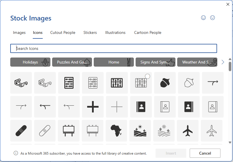 Stock images icon gallery in Word